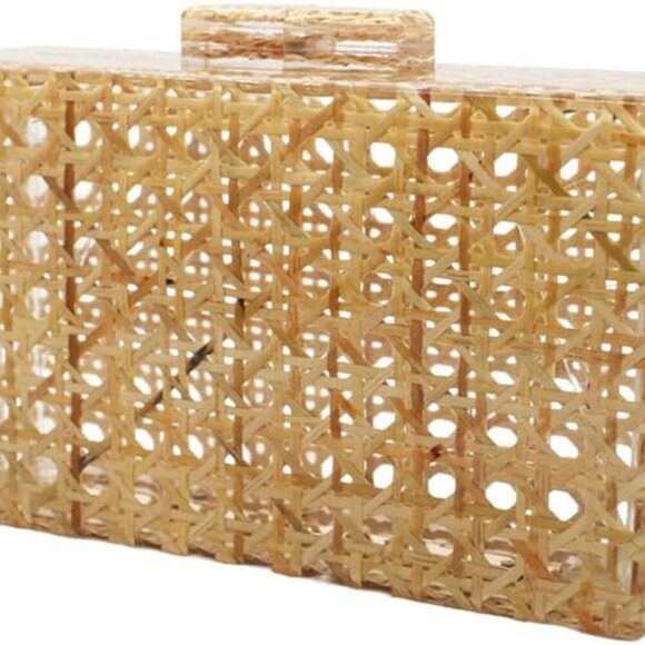 Women Acrylic Handbag Rattan Woven Pattern Square Box Crossbody Handbag Shoulder - Picture 1 of 6